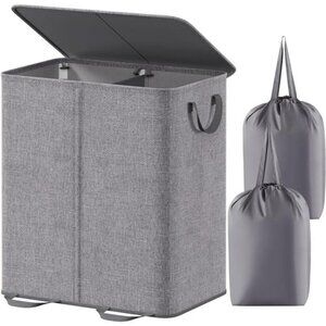 Double Laundry Hamper with Lid and Removable Laundry Bags, Large Collapsible